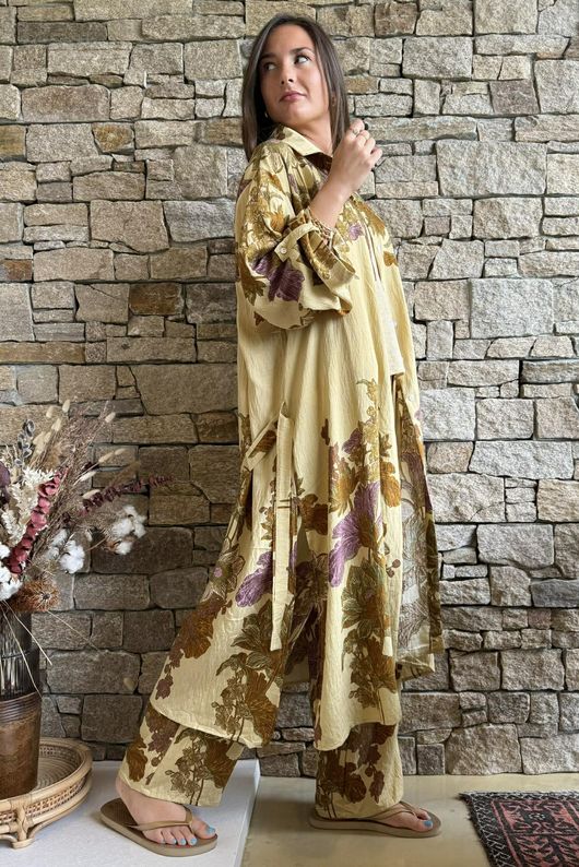 Lotus Oriental Longline Belted Duster Shirt Cedar